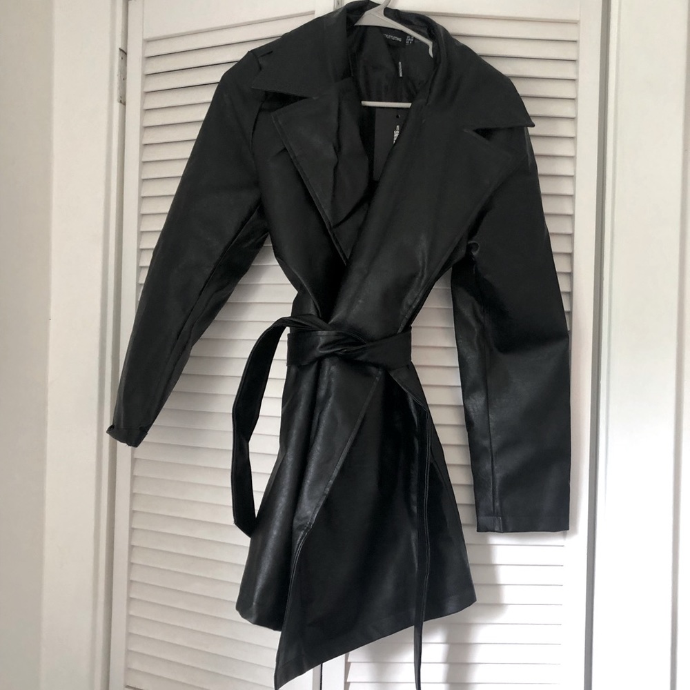 Black Faux Leather Tie Waist Shacket